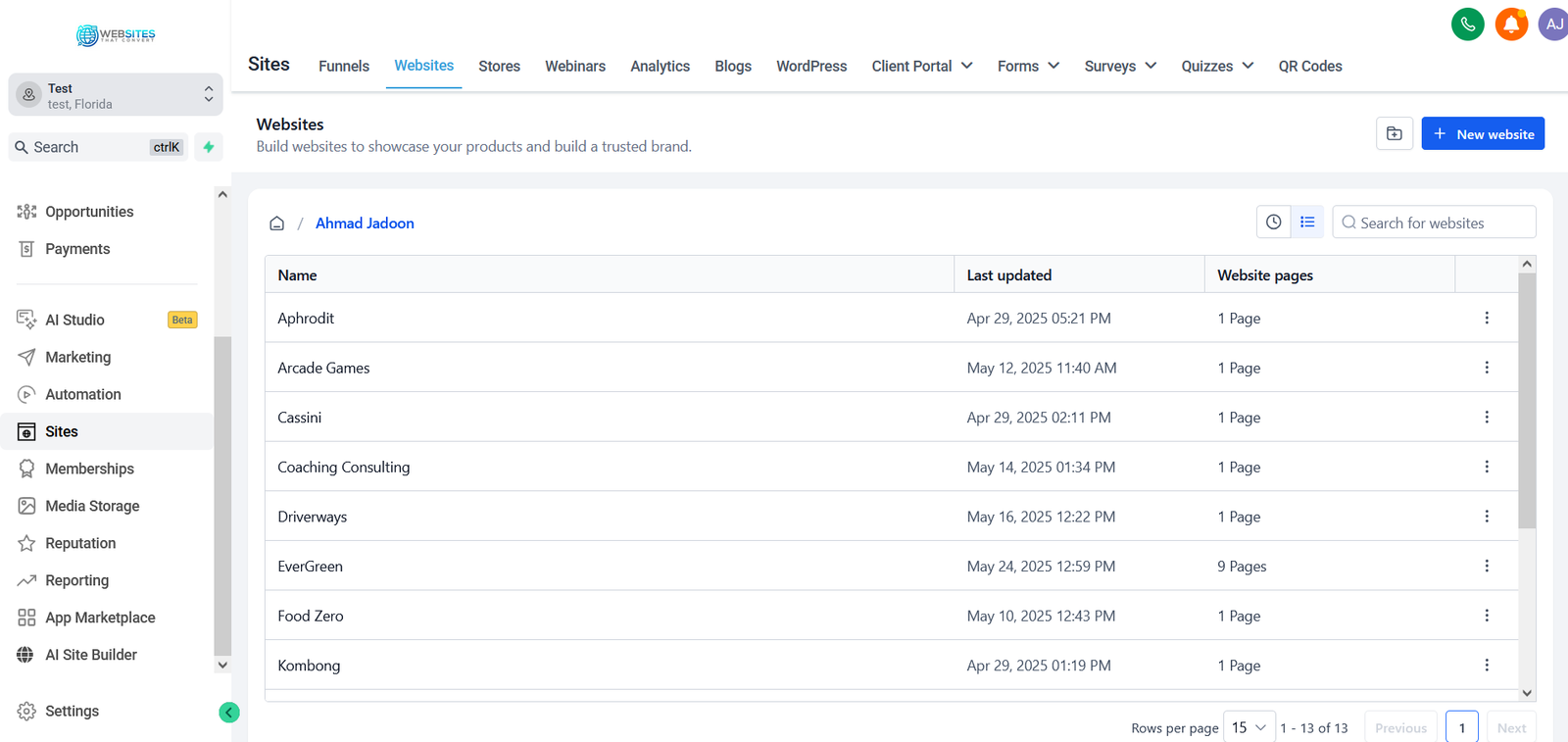 GoHighLevel — 13 client websites built and managed